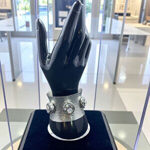 Silver Tone Hammered Cuff Bracelet Rhinestone Crystal Boho Glam Cocktail Jewelry